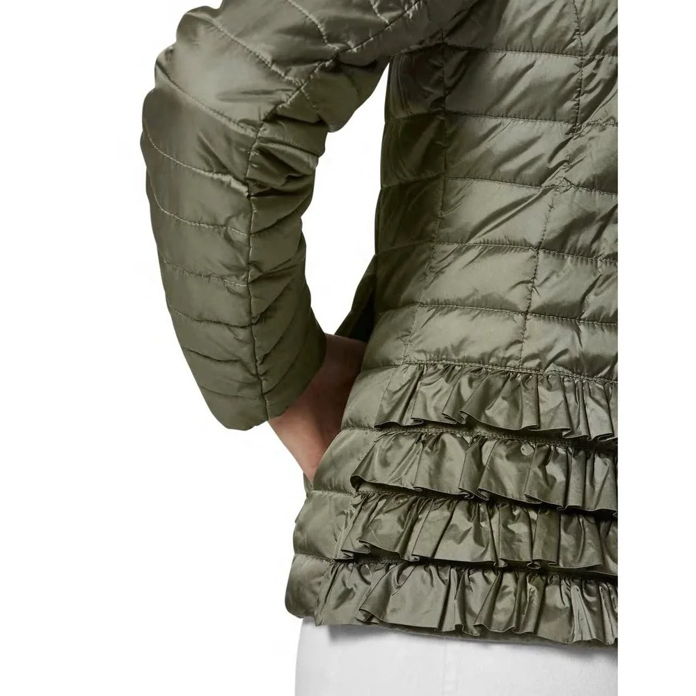 NWOT Madeleine Quilted Jacket Sage‎ Green Size 16 Puffer Full Zip Ruffle Back